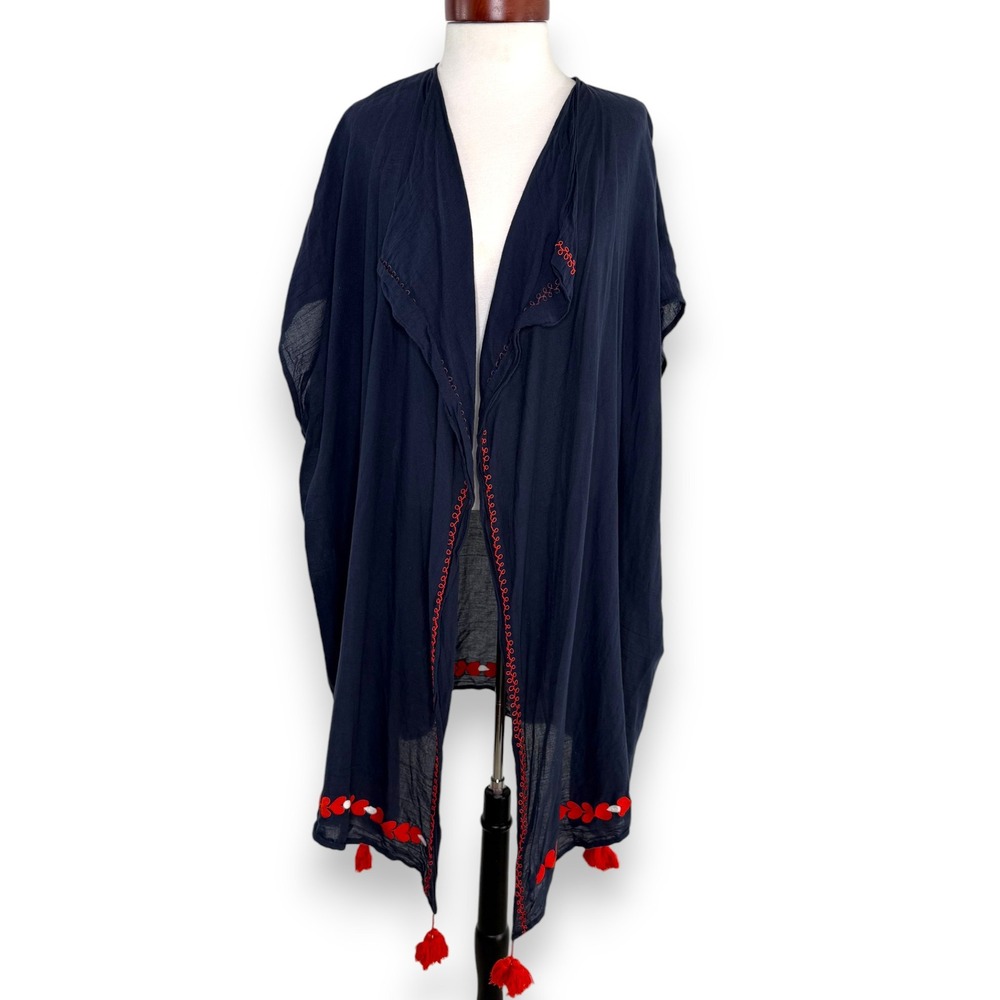 J.Crew Navy Embroidered Tassel‎ Kimono Cardigan Cover Up One Size Boho Resort